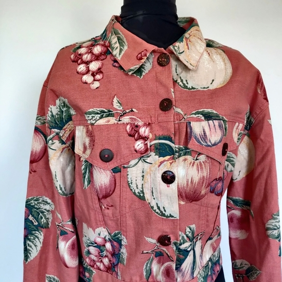 Melinda Zoller Linen Summer Fruit Trucker Jacket L - Picture 3 of 6